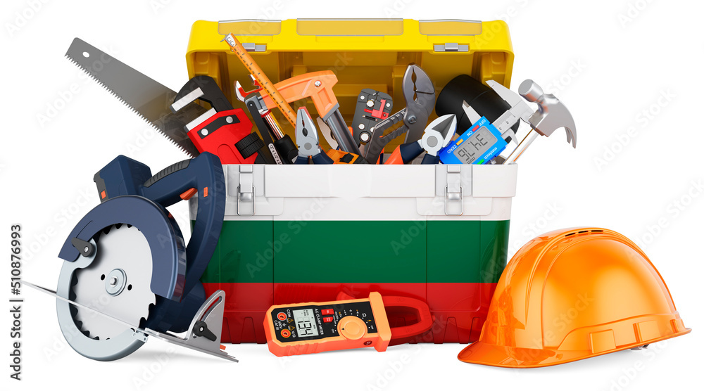 Bulgarian flag painted on the toolbox. Service, repair and construction in Bulgaria, concept. 3D rendering Bulgarian flag painted on the toolbox. Service, repair and construction in Bulgaria, concept. 3D rendering
