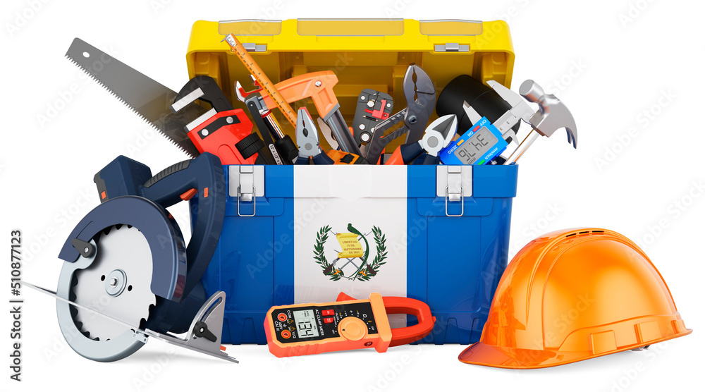 Guatemalan flag painted on the toolbox. Service, repair and construction in Guatemala, concept. 3D rendering Guatemalan flag painted on the toolbox. Service, repair and construction in Guatemala, concept. 3D rendering