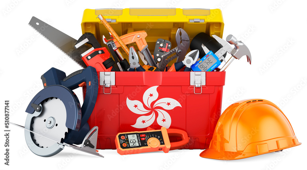 Hong Kong flag painted on the toolbox. Service, repair and construction in Hong Kong, concept. 3D rendering Hong Kong flag painted on the toolbox. Service, repair and construction in Hong Kong, concept. 3D rendering