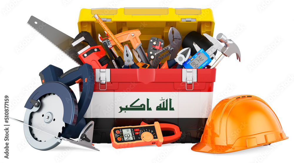 Iraqi flag painted on the toolbox. Service, repair and construction in Iraq, concept. 3D rendering