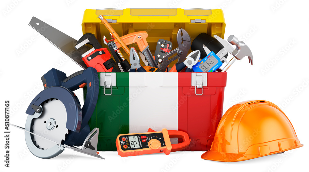 Italian flag painted on the toolbox. Service, repair and construction in Italy, concept. 3D rendering Italian flag painted on the toolbox. Service, repair and construction in Italy, concept. 3D rendering