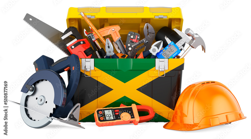Jamaican flag painted on the toolbox. Service, repair and construction in Jamaica, concept. 3D rendering Jamaican flag painted on the toolbox. Service, repair and construction in Jamaica, concept. 3D rendering