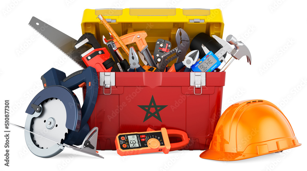 Moroccan flag painted on the toolbox. Service, repair and construction in Morocco, concept. 3D rendering Moroccan flag painted on the toolbox. Service, repair and construction in Morocco, concept. 3D rendering