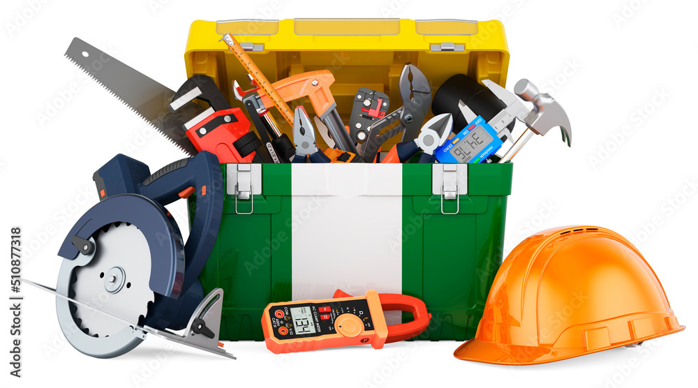 Nigerian flag painted on the toolbox. Service, repair and construction in Nigeria, concept. 3D rendering Nigerian flag painted on the toolbox. Service, repair and construction in Nigeria, concept. 3D rendering