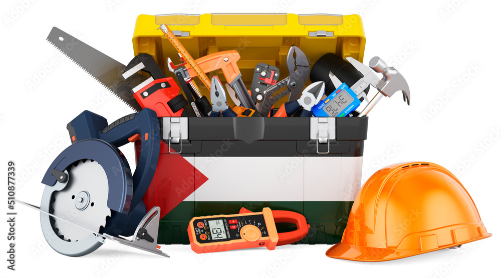 Palestinian flag painted on the toolbox. Service, repair and construction in Palestine, concept. 3D rendering Palestinian flag painted on the toolbox. Service, repair and construction in Palestine, concept. 3D rendering