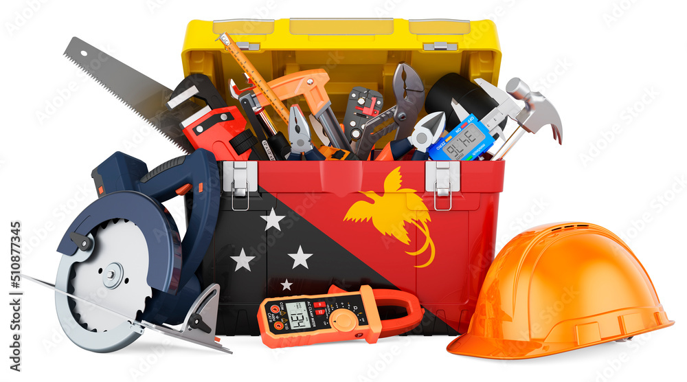 Papuan New Guinean flag painted on the toolbox. Service, repair and construction in Papua New Guinea, concept. 3D rendering Papuan New Guinean flag painted on the toolbox. Service, repair and construction in Papua New Guinea, concept. 3D rendering