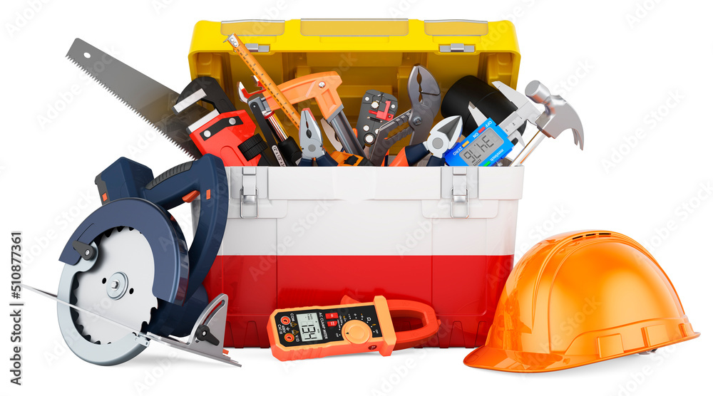 Polish flag painted on the toolbox. Service, repair and construction in Poland, concept. 3D rendering Polish flag painted on the toolbox. Service, repair and construction in Poland, concept. 3D rendering
