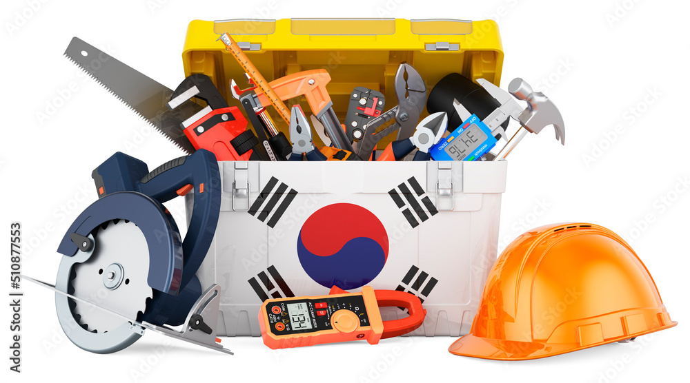 South Korean flag painted on the toolbox. Service, repair and construction in South Korea, concept. 3D rendering South Korean flag painted on the toolbox. Service, repair and construction in South Korea, concept. 3D rendering