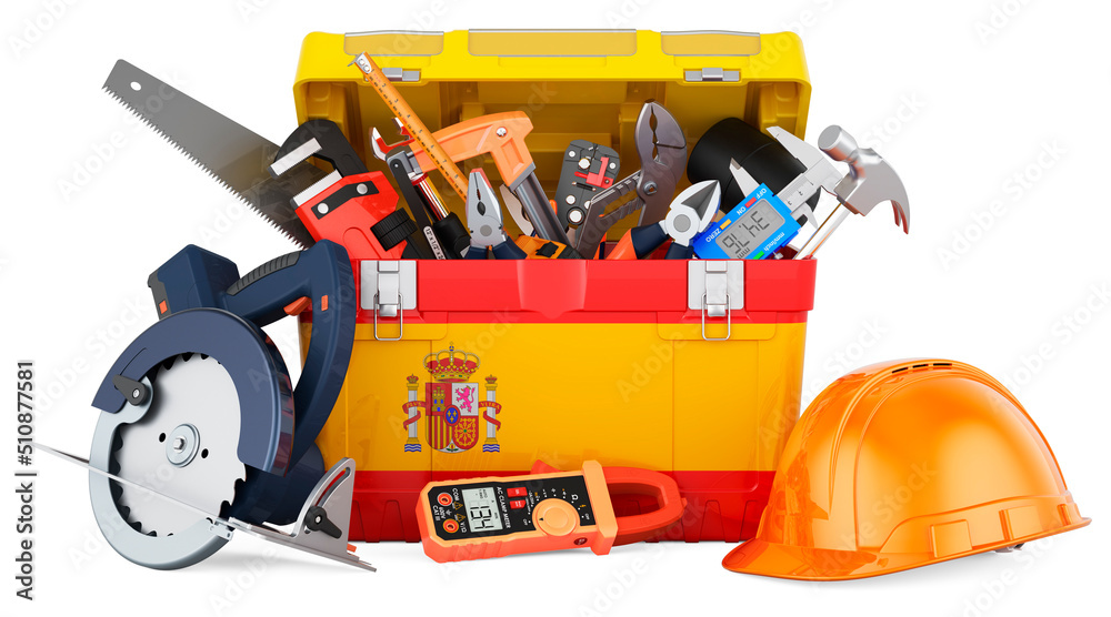 Spanish flag painted on the toolbox. Service, repair and construction in Spain, concept. 3D rendering Spanish flag painted on the toolbox. Service, repair and construction in Spain, concept. 3D rendering