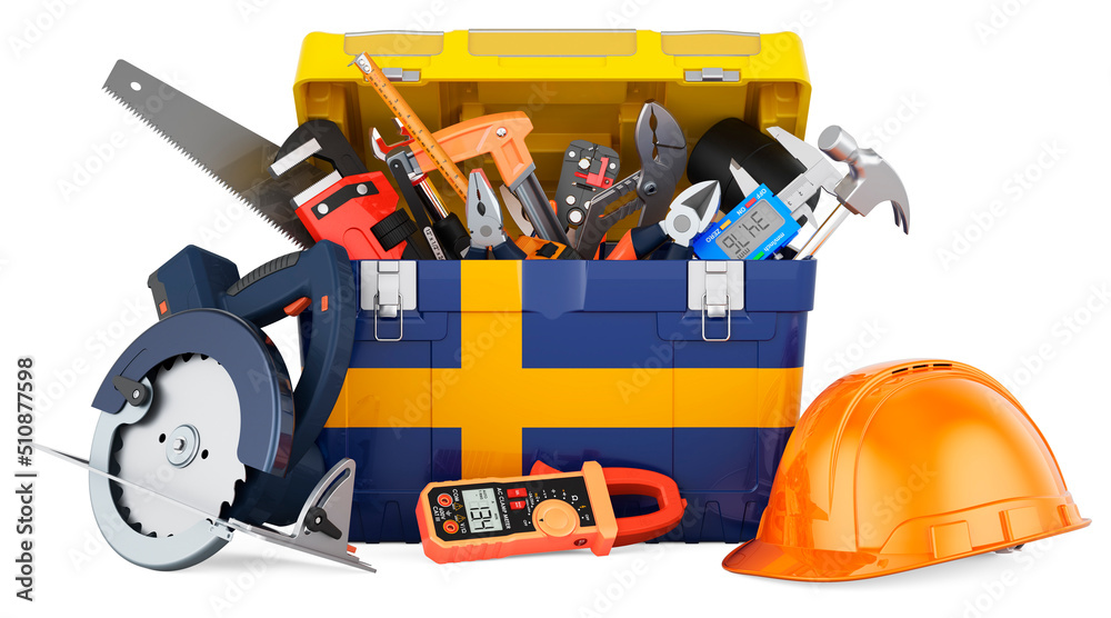 Swedish flag painted on the toolbox. Service, repair and construction in Sweden, concept. 3D rendering Swedish flag painted on the toolbox. Service, repair and construction in Sweden, concept. 3D rendering