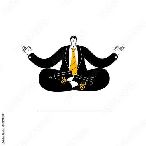 A man in business clothes meditates in the lotus position. Vector two-color illustration on the theme of relaxation and balance in life.