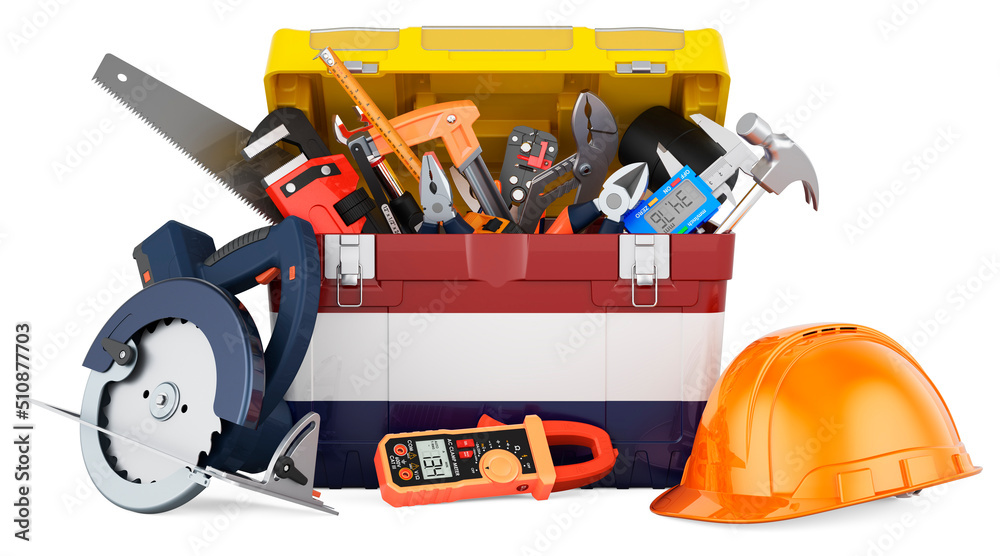 The Netherlands flag painted on the toolbox. Service, repair and construction in the Netherlands, concept. 3D rendering The Netherlands flag painted on the toolbox. Service, repair and construction in the Netherlands, concept. 3D rendering