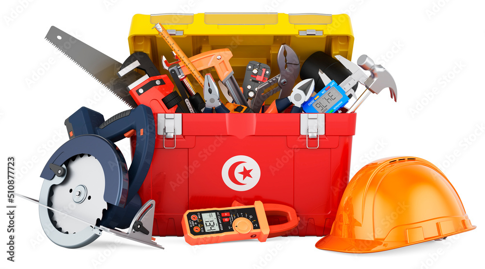 Tunisian flag painted on the toolbox. Service, repair and construction in Tunisia, concept. 3D rendering