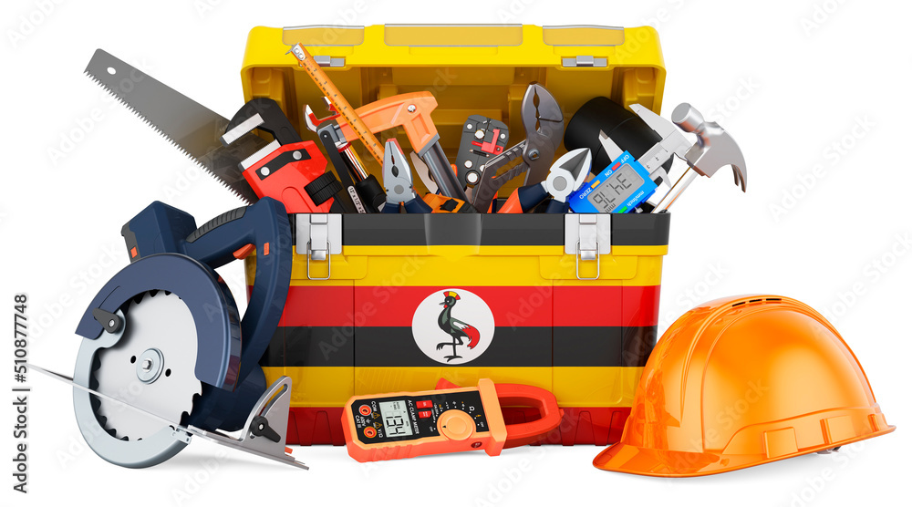 Ugandan flag painted on the toolbox. Service, repair and construction in Uganda, concept. 3D rendering Ugandan flag painted on the toolbox. Service, repair and construction in Uganda, concept. 3D rendering