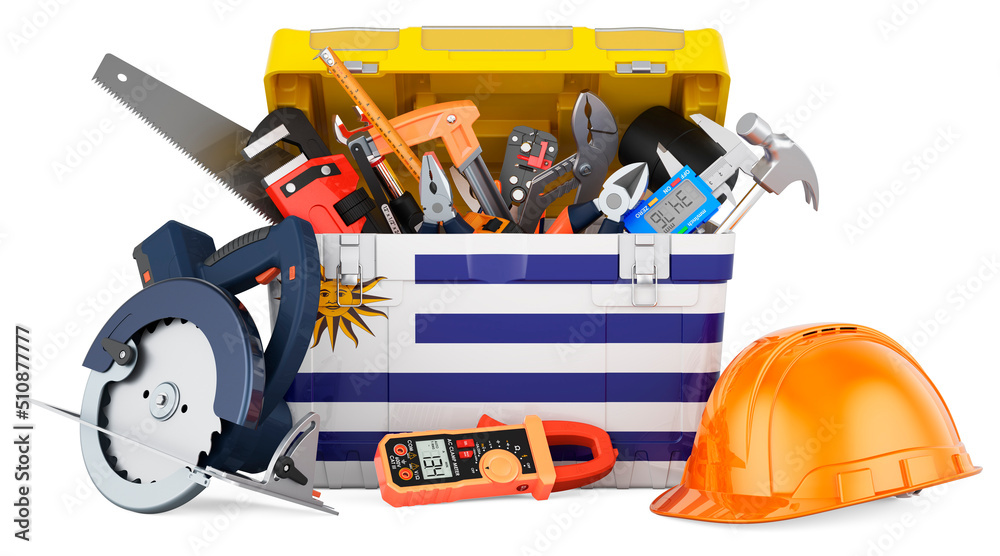 Uruguayan flag painted on the toolbox. Service, repair and construction in Uruguay, concept. 3D rendering Uruguayan flag painted on the toolbox. Service, repair and construction in Uruguay, concept. 3D rendering