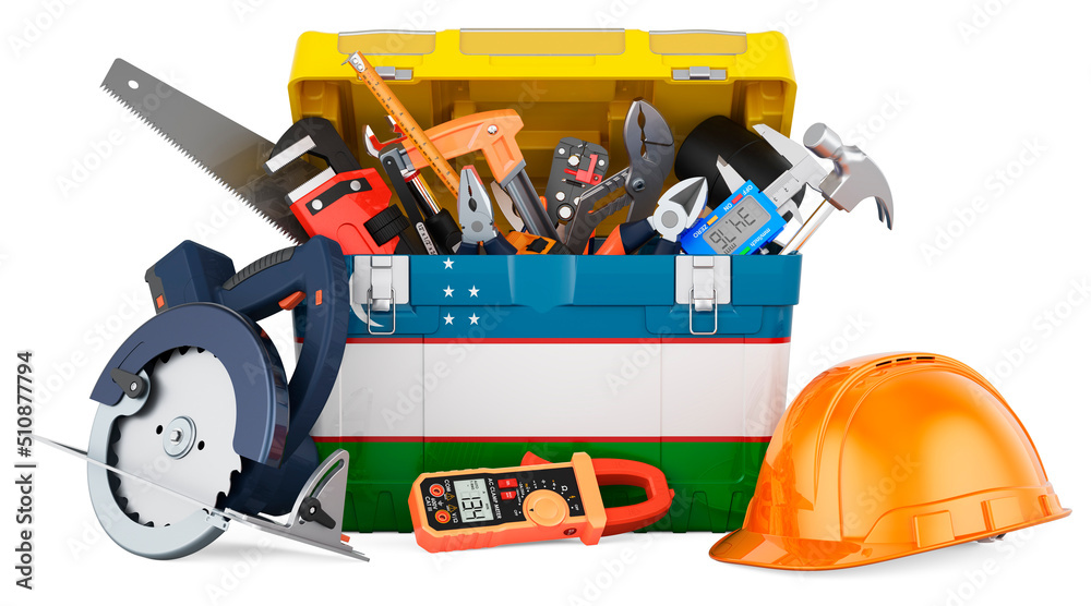 Uzbek flag painted on the toolbox. Service, repair and construction in Uzbekistan, concept. 3D rendering Uzbek flag painted on the toolbox. Service, repair and construction in Uzbekistan, concept. 3D rendering