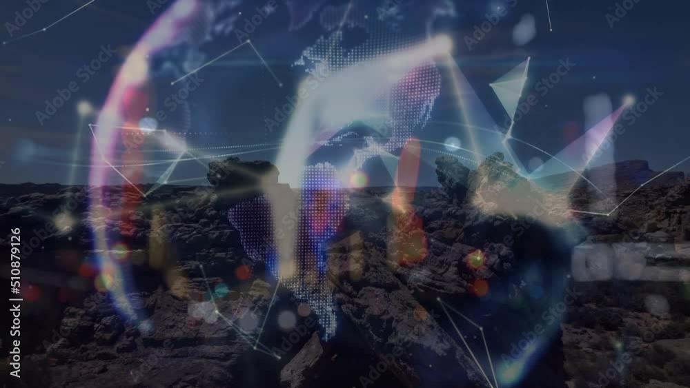 Animation of network of connections over landscape and globe Animation of network of connections over landscape and globe