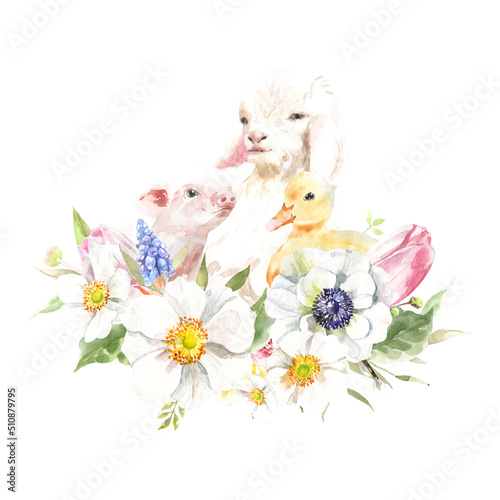 Watercolor farm animals together. domestic pet isolated cute spring flora animal. Nursery woodland illustration. Farmhouse Easter for baby shower invitation, nursery decor, print, greeting card