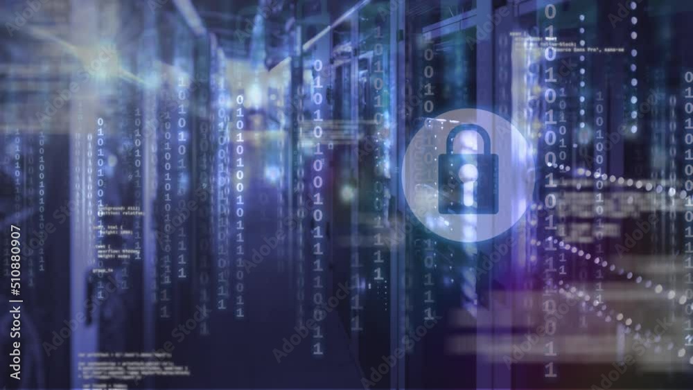 Animation of data processing and padlock over servers Animation of data processing and padlock over servers