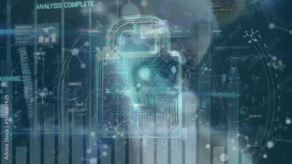 Animation of scanning, virus alert, padlock and data over molecules and eye of caucasian woman Animation of scanning, virus alert, padlock and data over molecules and eye of caucasian woman