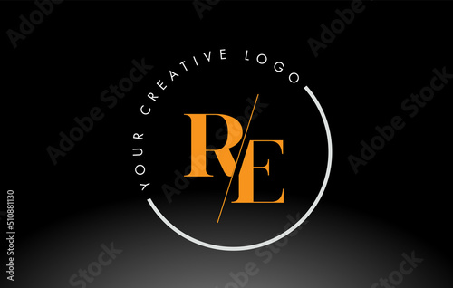 Orange RE Serif Letter Logo Design with Creative Intersected Cut.