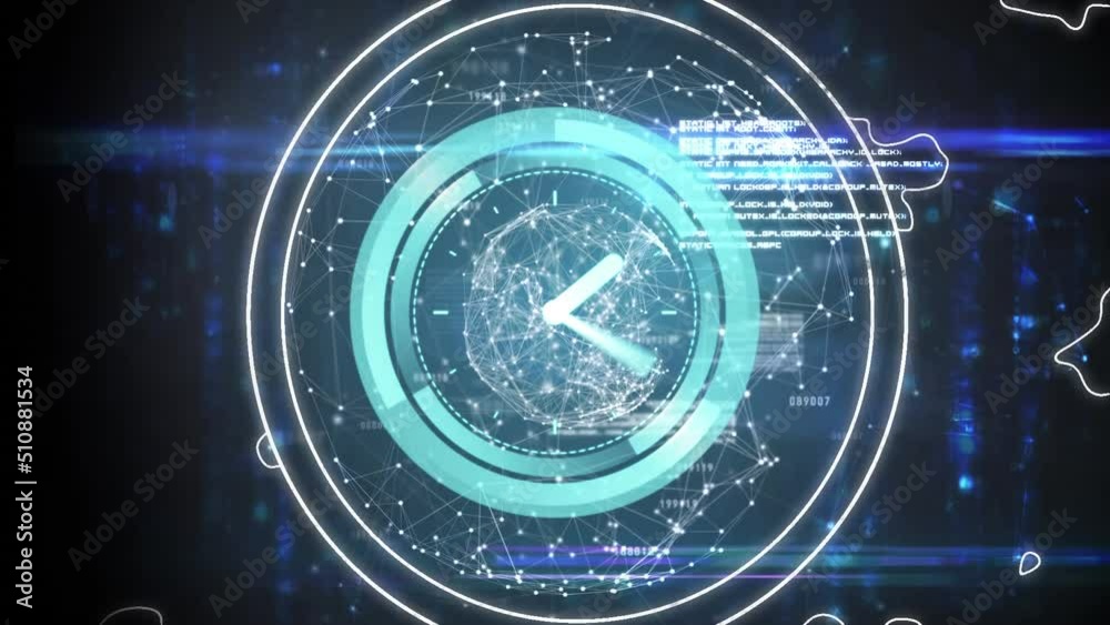 Animation of clock over data processing and globe with connections