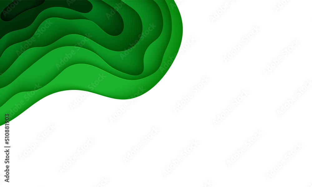Abstract green background in paper cut style. 3d layout wallpaper cut out from cardboard. Modern template with abstract curve shapes. Vector environmental card with papercut waves for business poster. Abstract green background in paper cut style. 3d layout wallpaper cut out from cardboard. Modern template with abstract curve shapes. Vector environmental card with papercut waves for business poster.