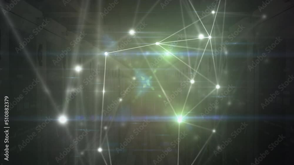 Animation of network of connections over server room Animation of network of connections over server room
