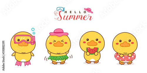 cute duck kawaii cartoon summer set.