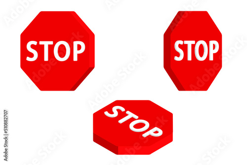 3D stop traffic sign vector set, isolated on white background, traffic rules concept, traffic sign with stop text collection from different angles, driver signboards, octagon shape warning signs