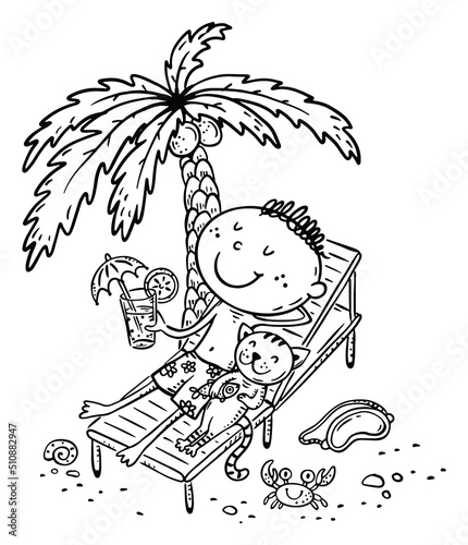 Outline illustration of child sunbathing at the beach under a palm tree