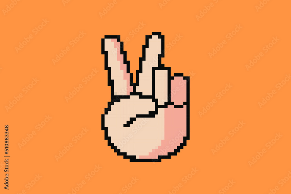 Hand peace sign pixel style illustration vector, 8-bit concept, colorful sign idea, pixel art hand peace, isolated on orange background, flat vector design, animation and video game asset Hand peace sign pixel style illustration vector, 8-bit concept, colorful sign idea, pixel art hand peace, isolated on orange background, flat vector design, animation and video game asset