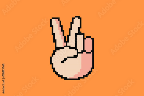 Hand peace sign pixel style illustration vector, 8-bit concept, colorful sign idea, pixel art hand peace, isolated on orange background, flat vector design, animation and video game asset