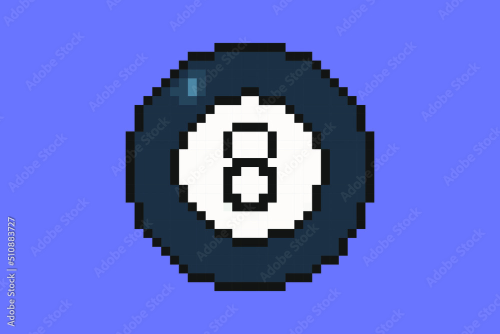 Billiard ball with number 8 pixel style illustration vector, 8-bit pool concept, colorful game idea, pixel art billiard ball, isolated on blue background, flat vector design, animation and video game Billiard ball with number 8 pixel style illustration vector, 8-bit pool concept, colorful game idea, pixel art billiard ball, isolated on blue background, flat vector design, animation and video game