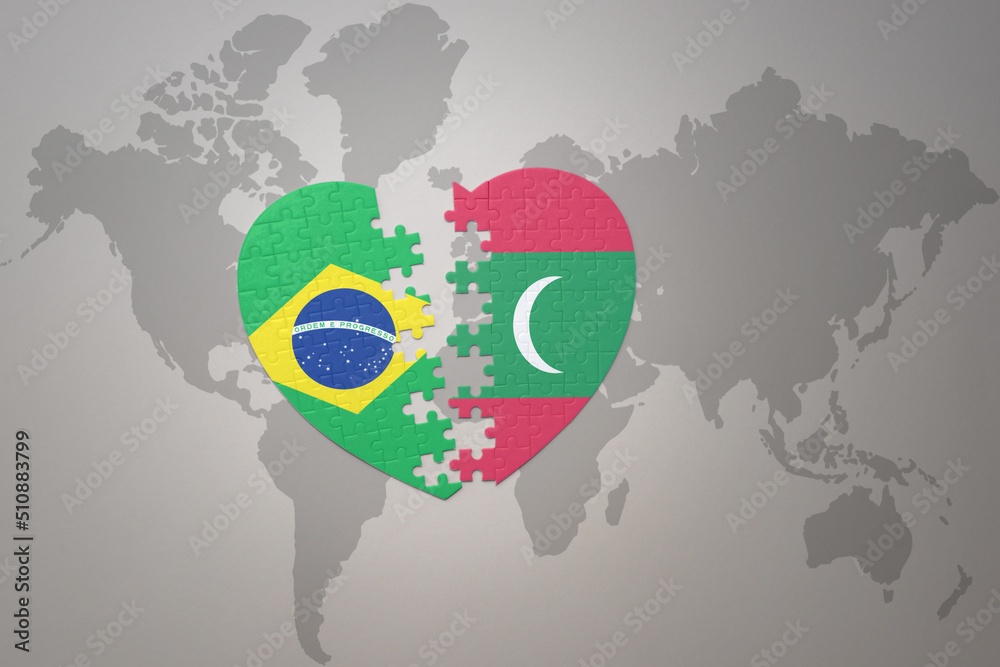 puzzle heart with the national flag of brazil and maldives on a world ...
