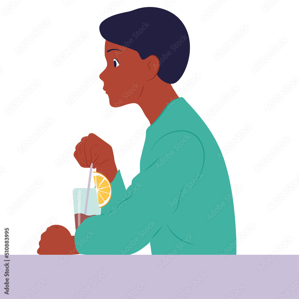 African American guy drinks a drink with lemon. Vector over white background. African American guy drinks a drink with lemon. Vector over white background.