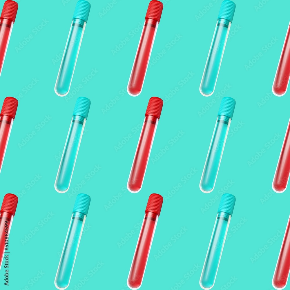 Seamless pattern with 3d rendering medical test tube. Blue and red medical test tube. Seamless pattern with 3d rendering medical test tube. Blue and red medical test tube.