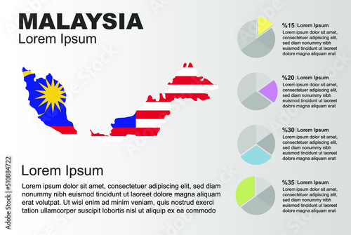 Malaysia infographic general use vector template with pie chart, copy space statistics idea, Malaysia country flag map with graphic, presentation idea, blank area graph for data, grey background
