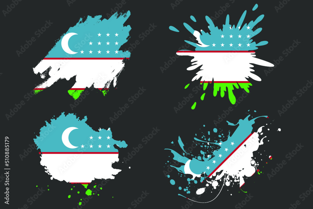 Obraz premium Uzbekistan flag brush splash vector set, country logo asset, paint grunge illustration concept, Uzbekistan flag brush stroke grunge effect, water splash mask, creative country flag logo idea