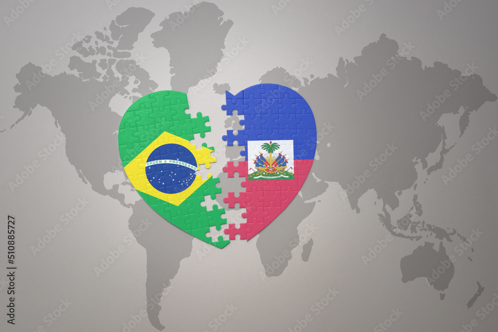 puzzle heart with the national flag of brazil and haiti on a world map ...