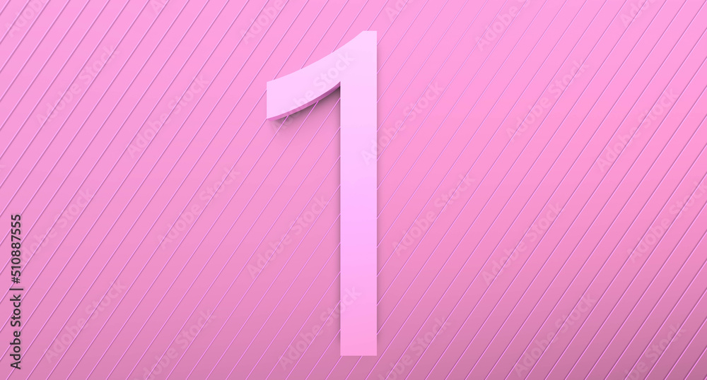 Fototapeta premium Number 1 on a pink background with reflection and neon stripes. Abstract unit in pinkish color with reflection. 3D render.