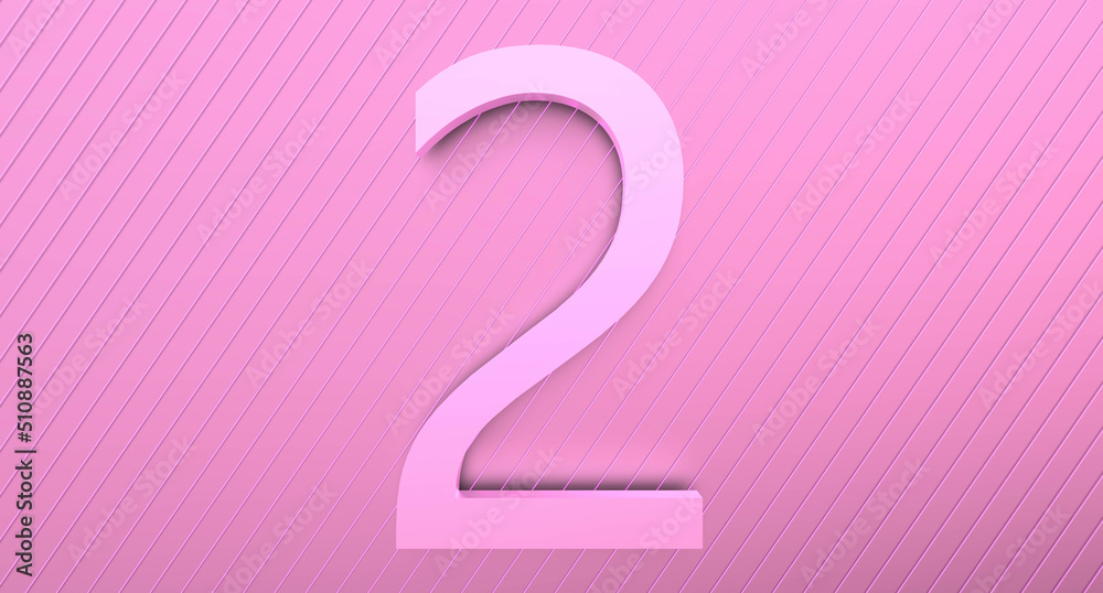 Number 2 on a pink background with reflection and neon stripes. Abstract number TWO in pinkish color with reflection. 3D render. Number 2 on a pink background with reflection and neon stripes. Abstract number TWO in pinkish color with reflection. 3D render.