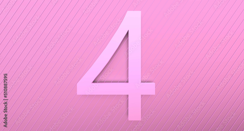 Number 4 on a pink background with reflection and neon stripes. Abstract number FOUR in pinkish color with reflection. 3D render. Number 4 on a pink background with reflection and neon stripes. Abstract number FOUR in pinkish color with reflection. 3D render.