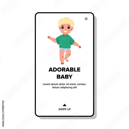 Adorable Baby Boy Walking In Park Outside Vector. Cute And Adorable Baby Playing On Kindergarten Playground Or Walk In Zoo. Character Child Recreation Time Web Flat Cartoon Illustration