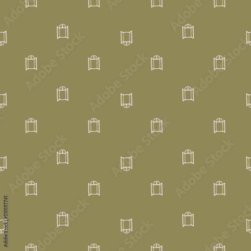 Seamless pattern of retro arch windows engraving. Vintage background cute window in hand drawn style.