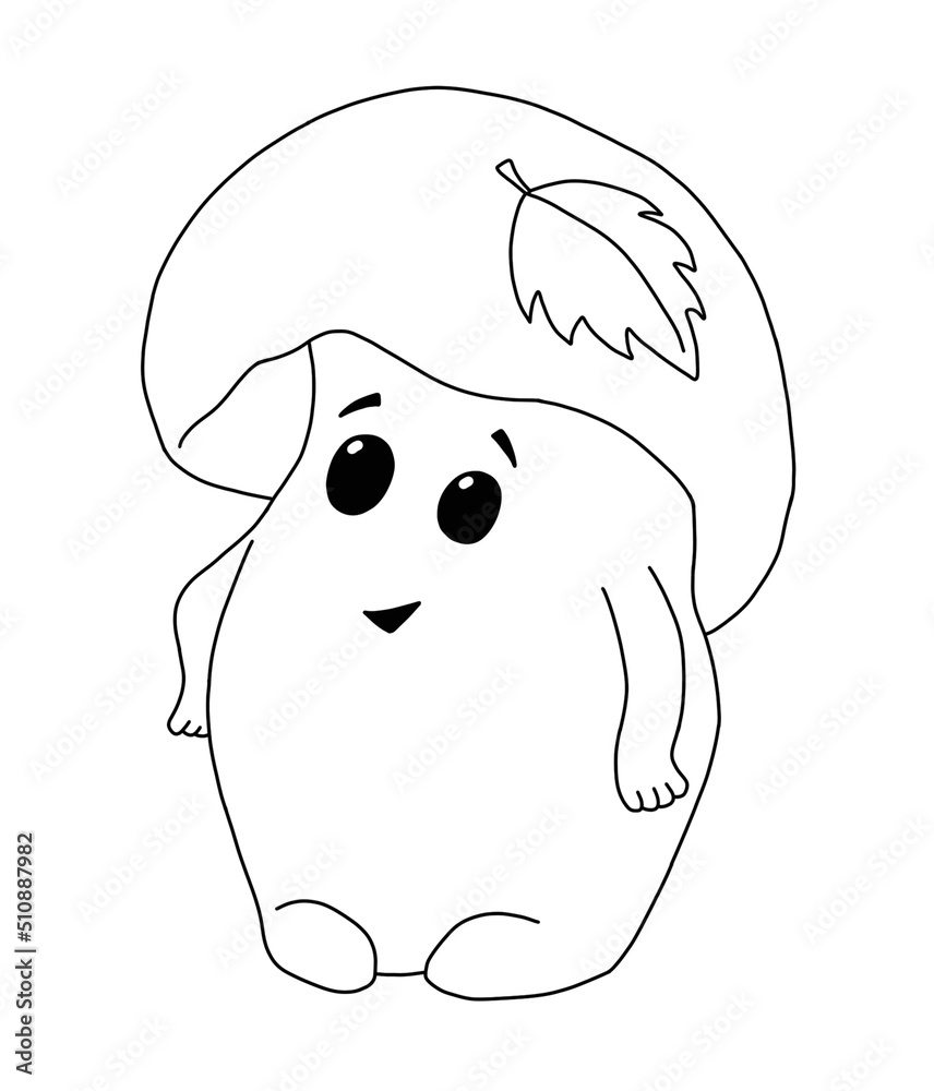 Cheerful mushroom with cap and autumn leaf. Outline on a white background hand drawn illustration