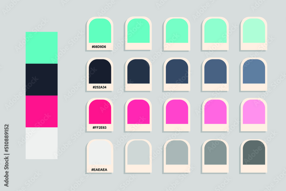 Blue gray pink white color palette, cold colors catalogue, design and edit idea, colour matching