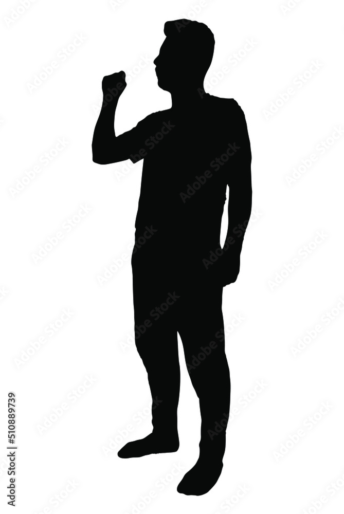 Man one fist in air vector silhouette, isolated on white background, victory feeling, fill with black color, shadow idea, celebrating concept Man one fist in air vector silhouette, isolated on white background, victory feeling, fill with black color, shadow idea, celebrating concept