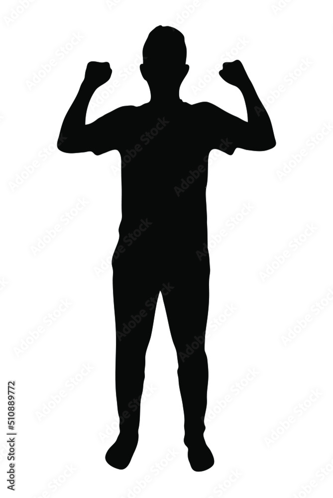 Happy man two fists in air vector silhouette, isolated on white background, fill with black colour, shadow idea, victory and happiness concept Happy man two fists in air vector silhouette, isolated on white background, fill with black colour, shadow idea, victory and happiness concept