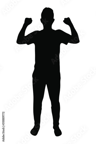 Happy man two fists in air vector silhouette  isolated on white background  fill with black colour  shadow idea  victory and happiness concept